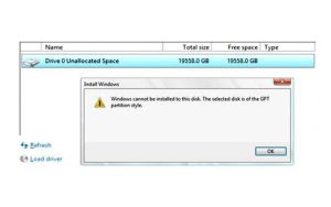خطای the selected disk is of the GPT partition style